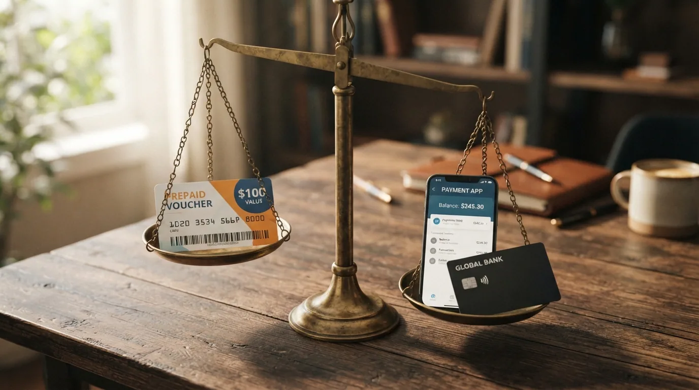 Eine Waage: links ein Aplauz-Gutschein, rechts paysafecard und TWINT — die Waage neigt sich nach rechts