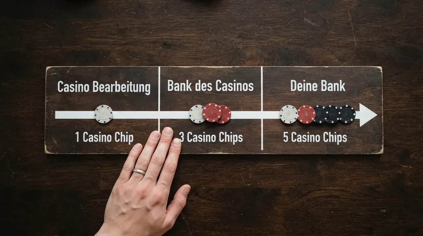 Zeitleisten-Grafik: Stationen einer Auszahlung vom Casino-Server über die Bank bis zum Spielerkonto