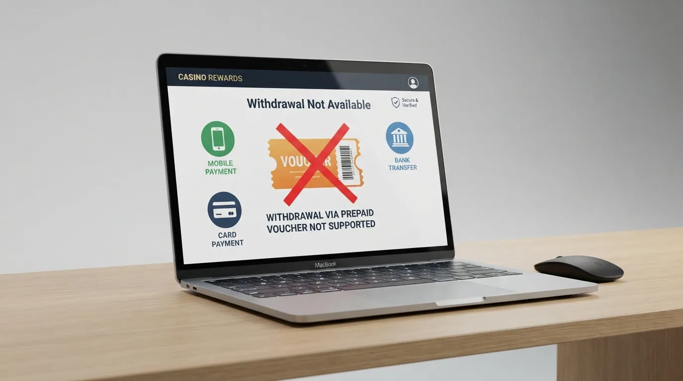 Eine durchgestrichene Auszahlungsschaltfläche mit CashToCode-Logo auf einem Casino-Bildschirm, daneben alternative Auszahlungsmethoden
