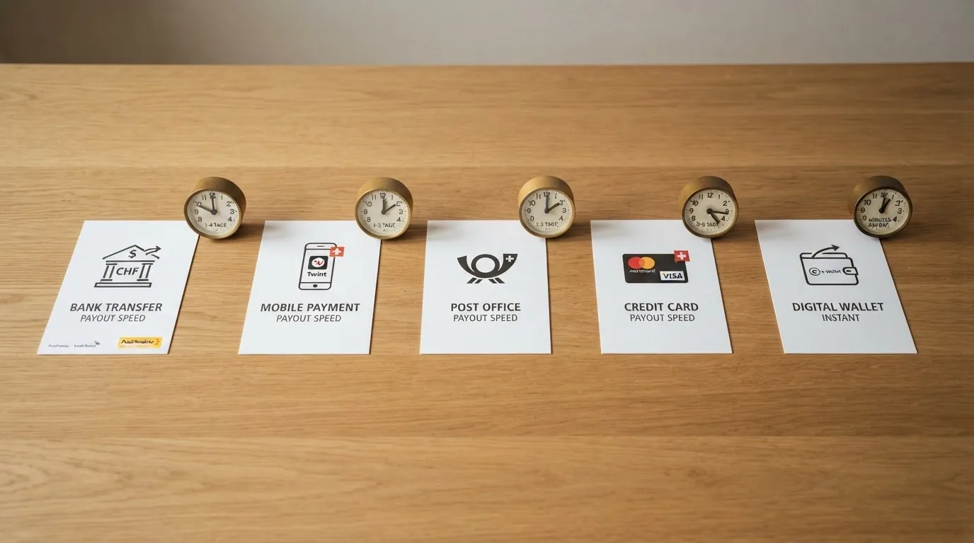 Eine Reihe von Zahlungssymbolen — Banküberweisung, TWINT, PostFinance, Kreditkarte, Krypto-Wallet — jeweils mit einer Uhr daneben, die unterschiedliche Wartezeiten anzeigt.