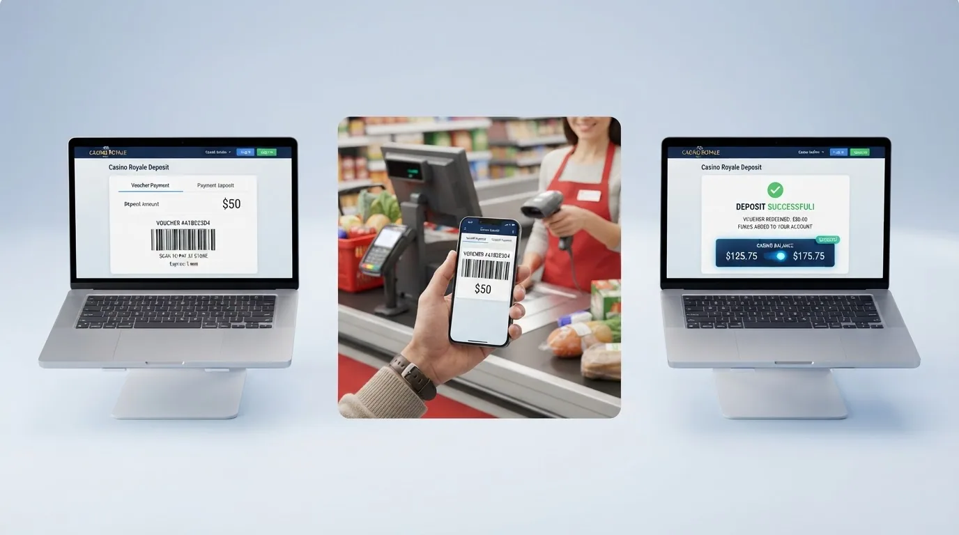 Eine illustrierte Schritt-für-Schritt-Darstellung: Person generiert Barcode im Casino, zeigt ihn an der Supermarktkasse vor und das Guthaben erscheint auf dem Bildschirm