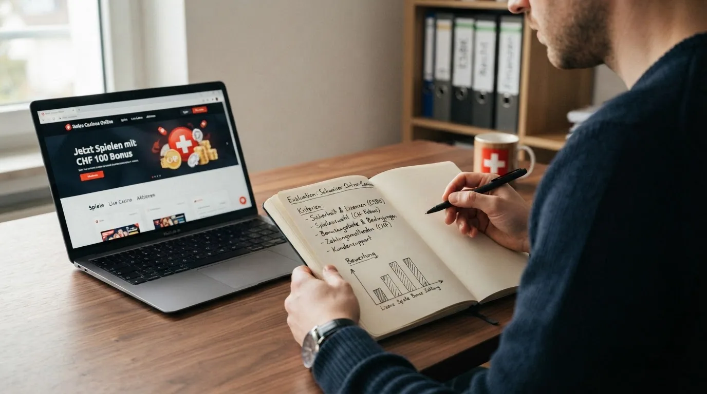 Schreibtisch-Perspektive mit Dokumenten, ESBK-Liste, Notizen und Bildschirm mit Casino-Webseite