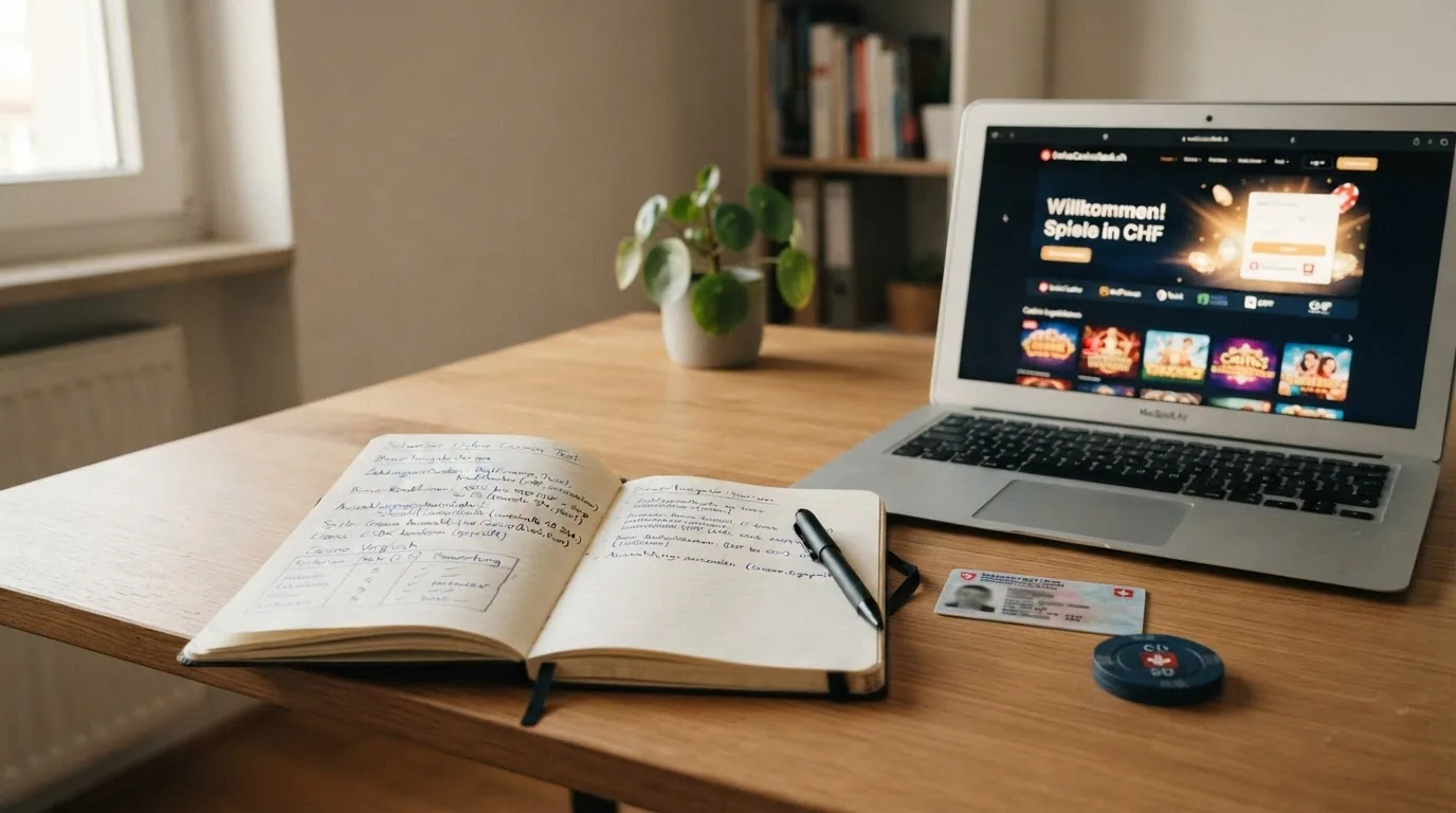 Ein Schreibtisch mit geöffnetem ESBK-Register-Auszug, Casino-Websites auf einem Bildschirm und Notizen zu RTP-Werten