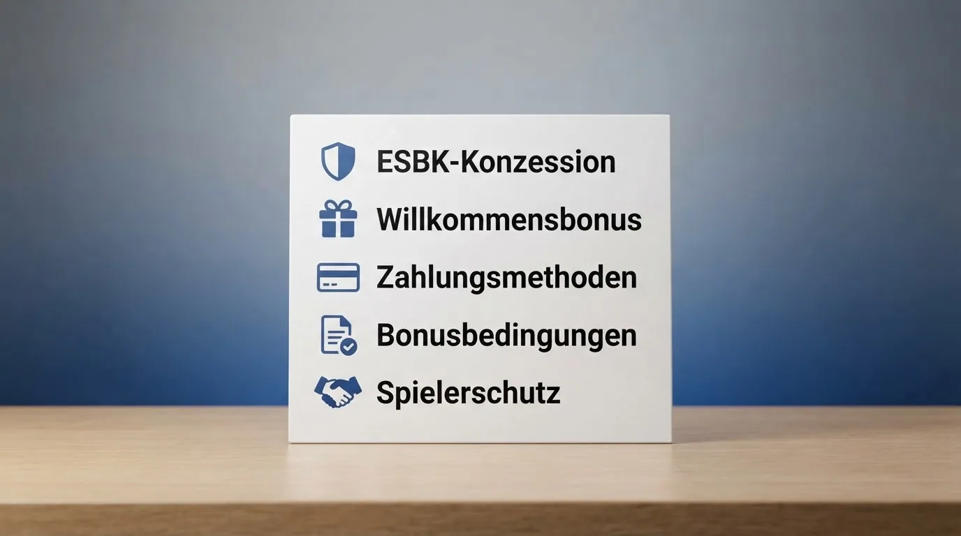 Checklisten-artige Darstellung der fünf Prüfkriterien mit ESBK-Logo und Quellenangaben
