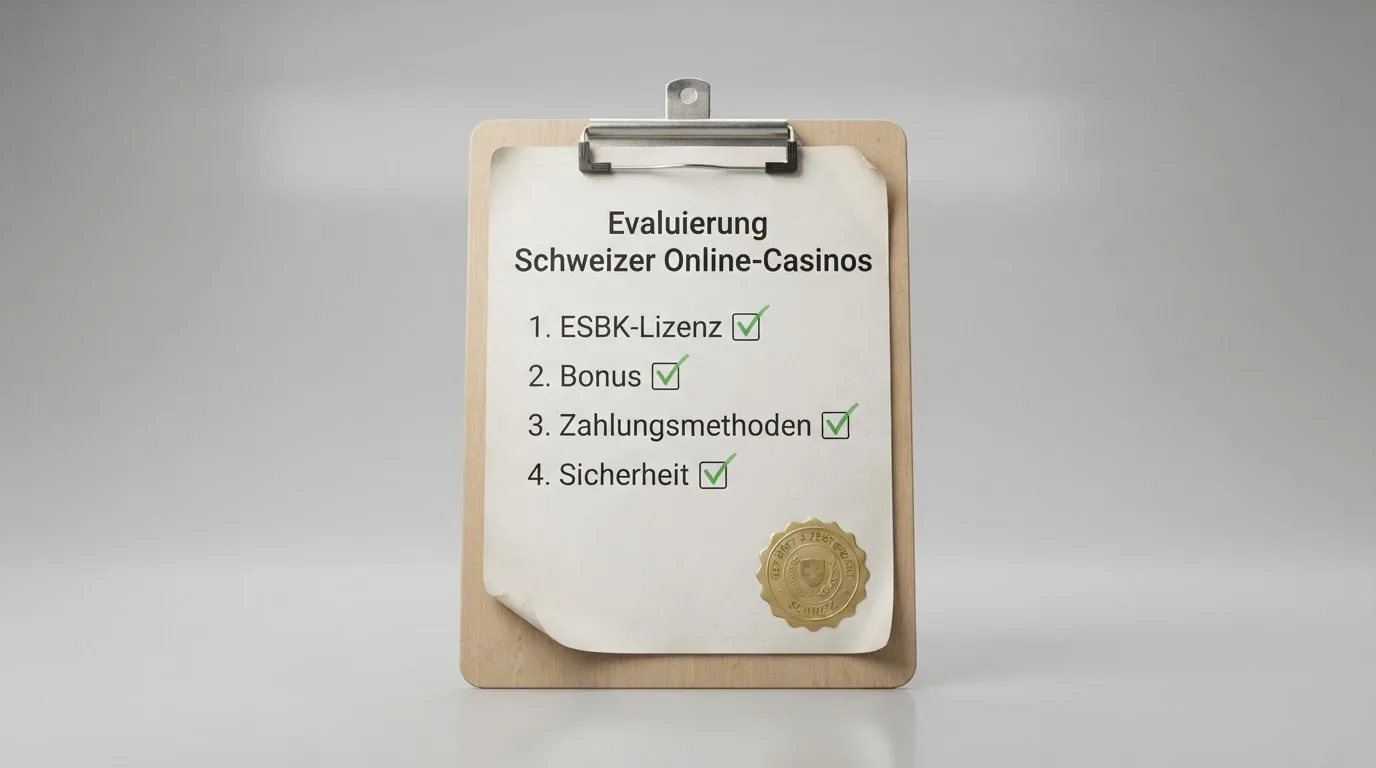 Lupe über einem Klemmbrett mit Checkliste: ESBK-Lizenz, Bonus, Zahlungsmethoden, Sicherheit