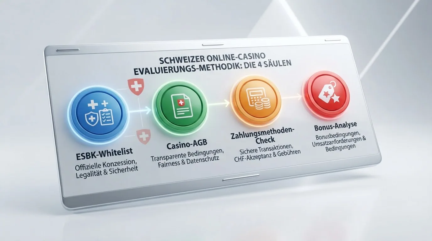 Schema der Bewertungssäulen: ESBK-Whitelist, Casino-AGB, Zahlungsmethoden-Check, Bonus-Analyse