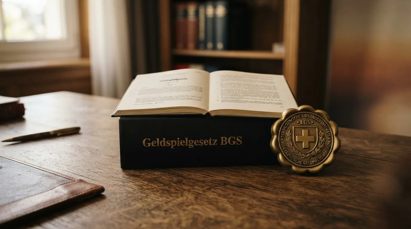 Ein aufgeschlagenes Gesetzbuch mit dem Titel «Geldspielgesetz BGS», daneben das ESBK-Logo