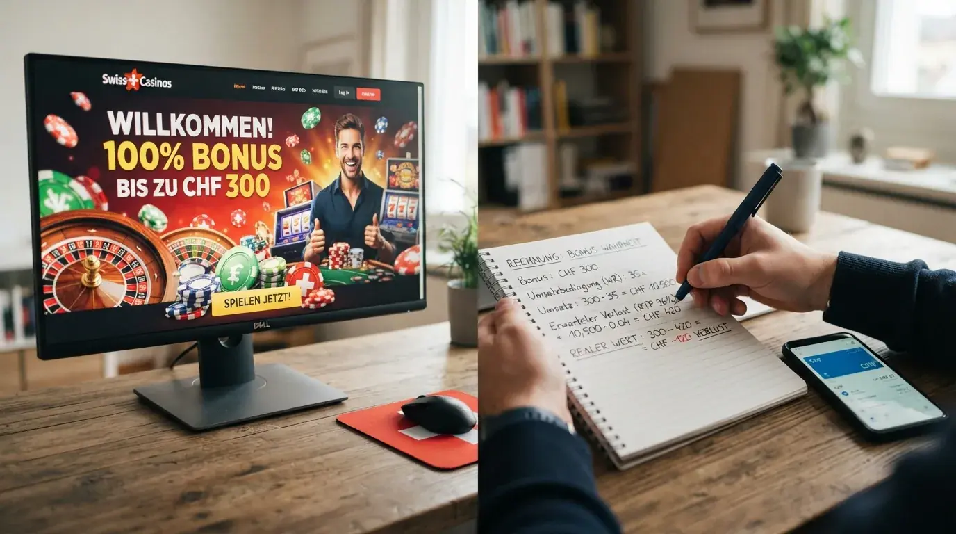 Eine grafische Gegenüberstellung: links der beworbene Bonusbetrag (z. B. CHF 300), rechts der effektive Erwartungswert nach Umsatzbedingungen