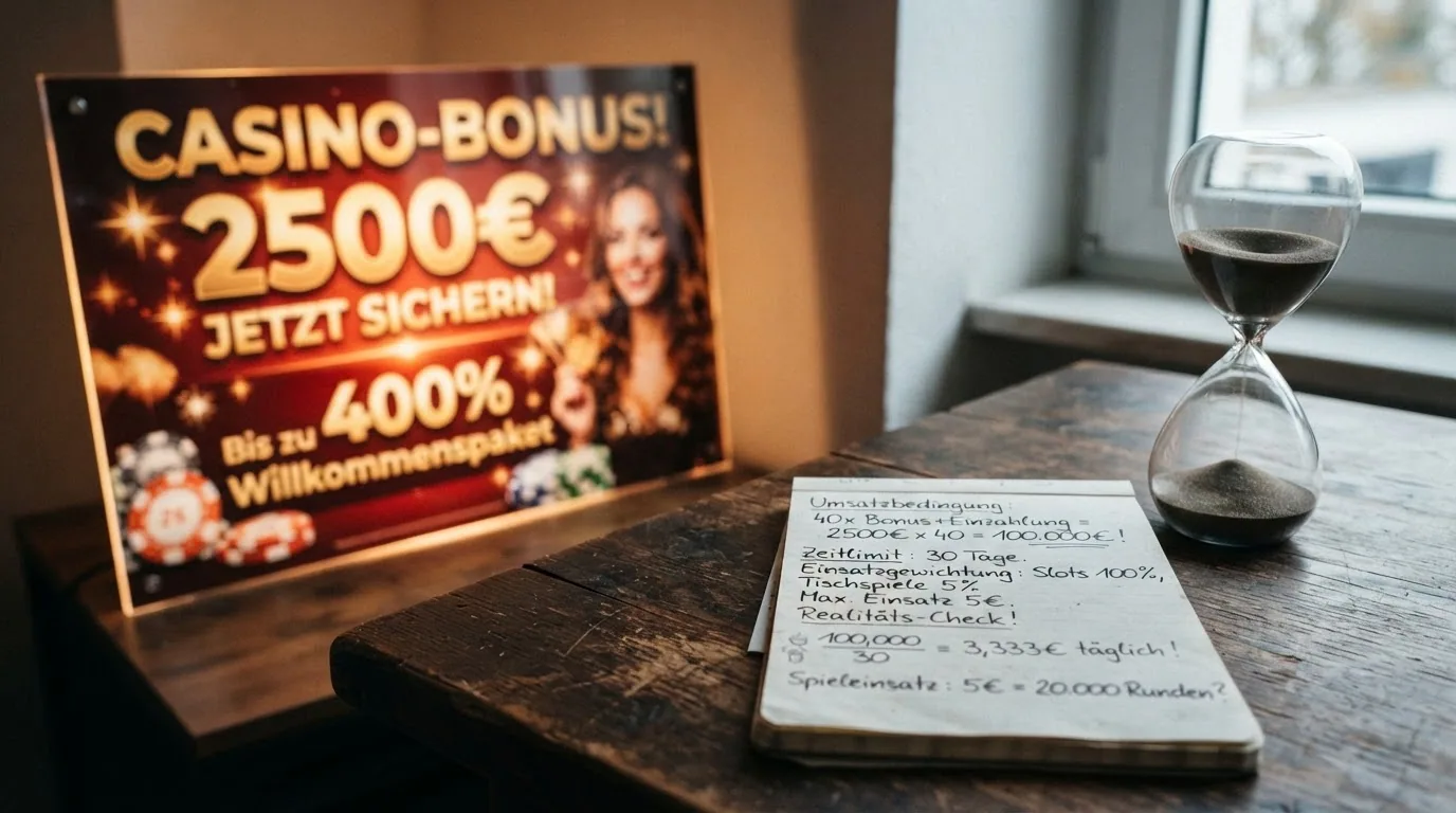Visuelle Gegenüberstellung: Links ein verlockendes Bonus-Plakat mit CHF 2'200, rechts eine Rechenmaschine mit Umsatzbedingungen-Multiplikator und einer Sanduhr