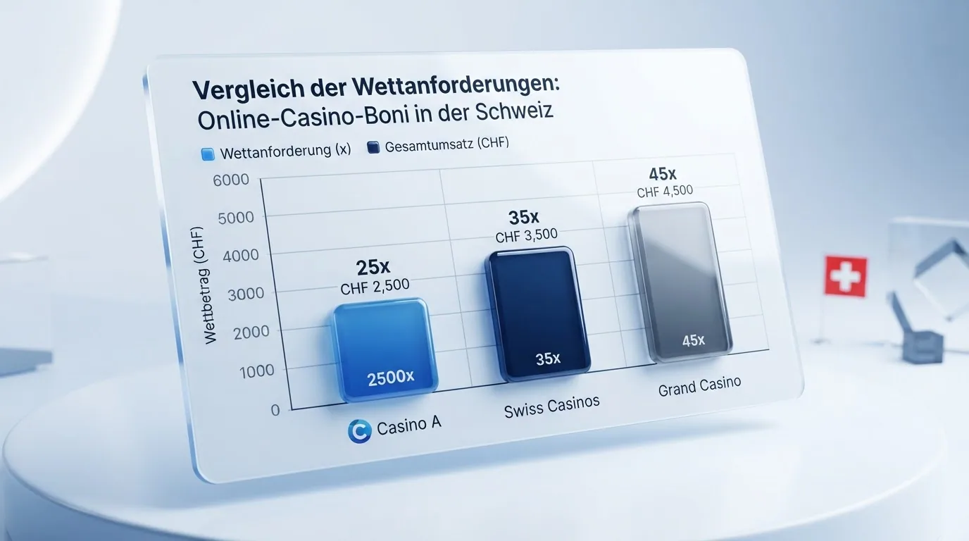Balkendiagramm: drei ecopayz-Casino-Boni (Bahigo 3x, Roobet 30x, Stake 40x) mit erforderlichem Umsatz in CHF