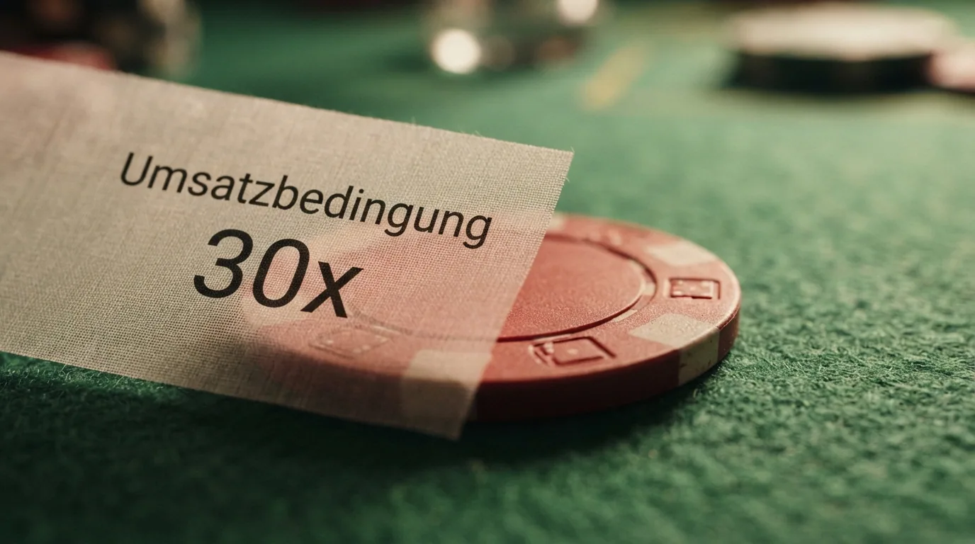 Ein Stapel Casino-Chips, die zur Hälfte hinter einem durchsichtigen Vorhang mit der Aufschrift «Umsatzbedingung 30x» liegen — die vordere Hälfte ist frei, die hintere unzugänglich.