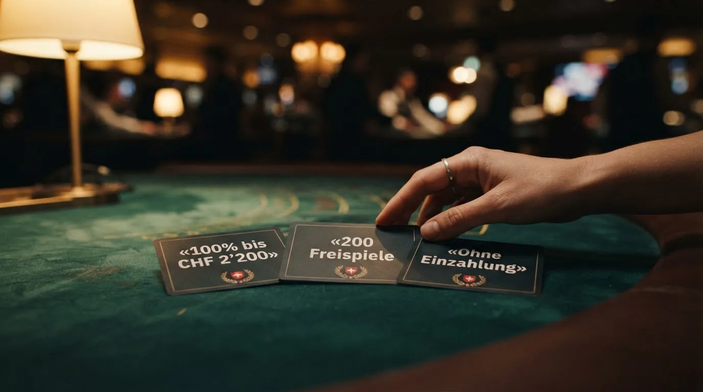 Stilisierte Darstellung dreier Bonus-Karten: «100% bis CHF 2'200», «200 Freespins», «Ohne Einzahlung» — im Schweizer-Design mit Kreuz und Wappen