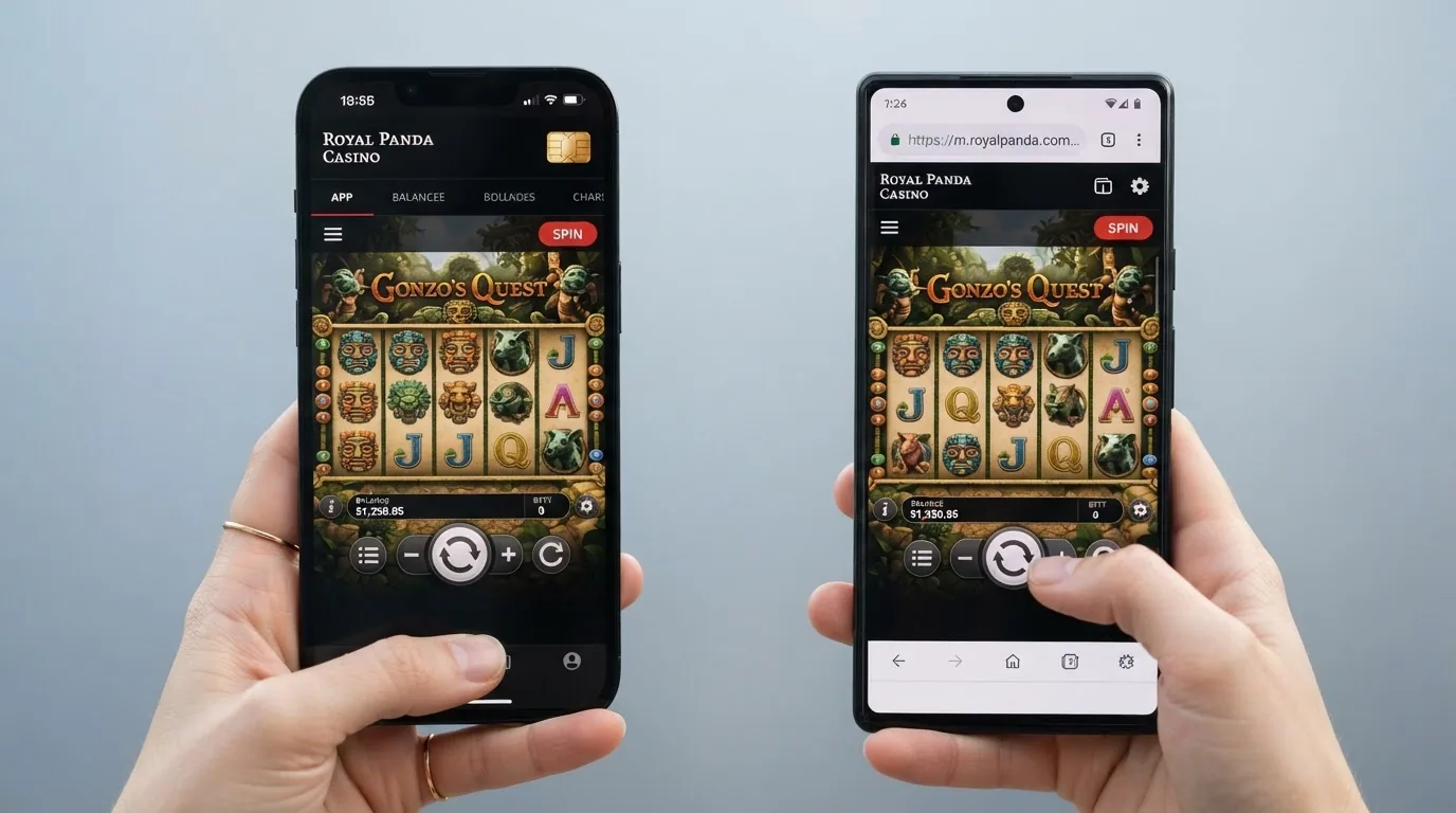 Split-Screen: links eine native Casino-App auf einem iPhone, rechts dasselbe Casino im mobilen Browser auf einem Android-Geraet