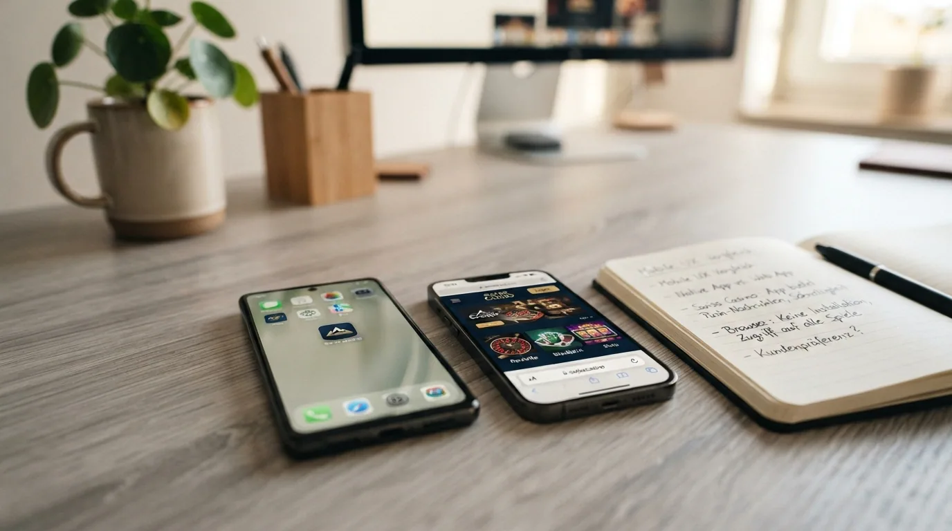 Zwei Smartphones nebeneinander: das linke zeigt ein App-Icon auf dem Homescreen, das rechte einen Browser-Tab mit derselben Casino-Oberfläche