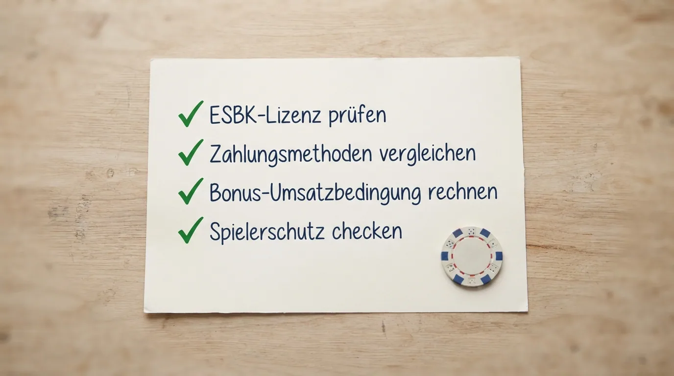 Eine Checkliste mit vier abgehakten Punkten — «ESBK-Lizenz prüfen», «Zahlungsmethoden vergleichen», «Bonus-Umsatzbedingung rechnen», «Spielerschutz checken»