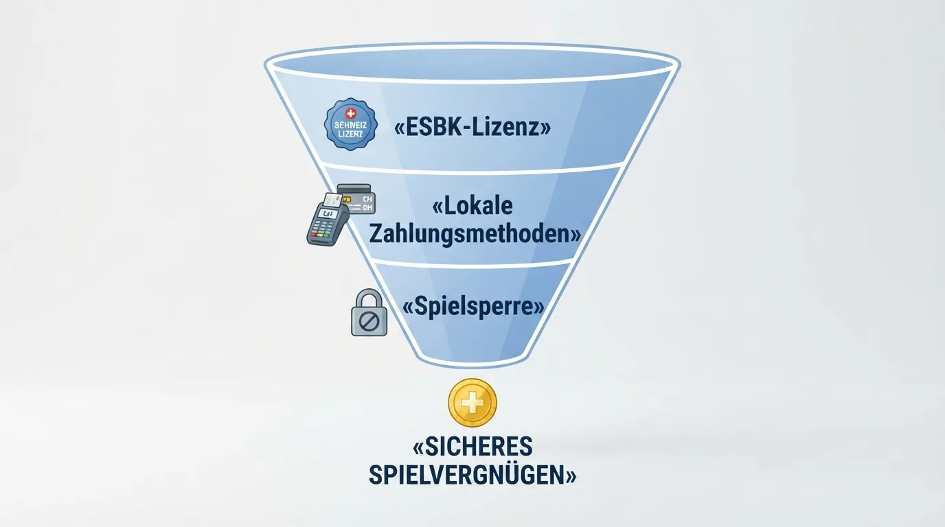 Eine Checklisten-Illustration mit drei Häkchen: «ESBK-Lizenz», «TWINT/PostFinance», «Spielsperre» — grafisch als Filter-Trichter dargestellt
