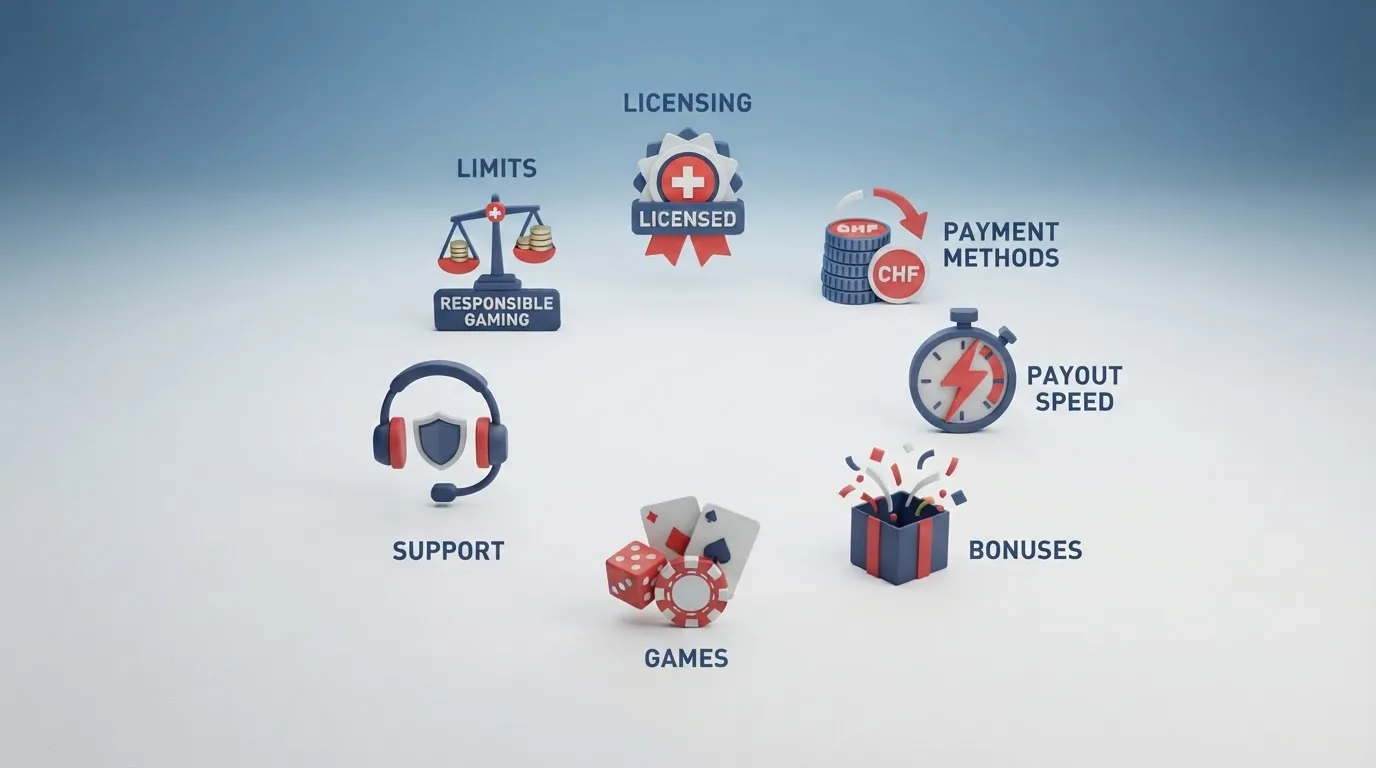 Eine grafische Checkliste mit sieben Icon-Punkten: Lizenz, Zahlungsmethoden, Auszahlungstempo, Bonus, Spiele, Support, Limits