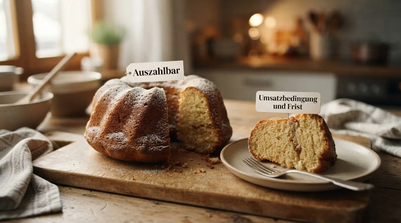 Ein aufgeschnittener Kuchen, von dem ein grosses Stück mit «Umsatzbedingung» und «Frist» beschriftet fehlt — daneben der kleinere verbleibende Teil mit «Auszahlbar»