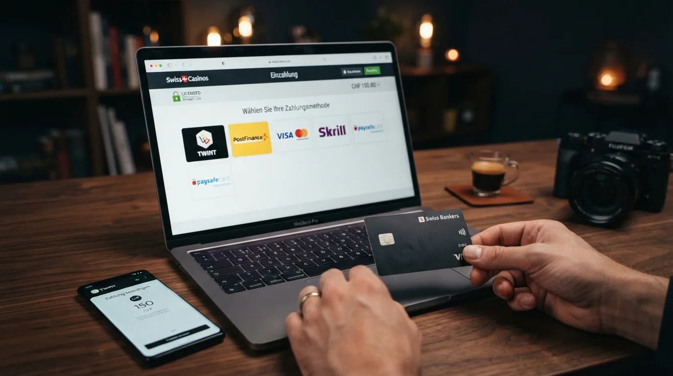 Übersicht der Zahlungsmethoden-Logos (TWINT, PostFinance, Visa, Mastercard, Apple Pay) auf einem Casino-Einzahlungsbildschirm mit dem Hinweis «Wero nicht verfügbar»