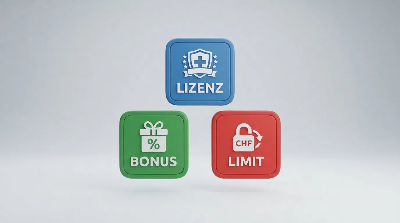 Drei farbig codierte Kacheln mit den Symbolen «Bonus», «Limit» und «Lizenz» — eine visuelle Entscheidungsmatrix