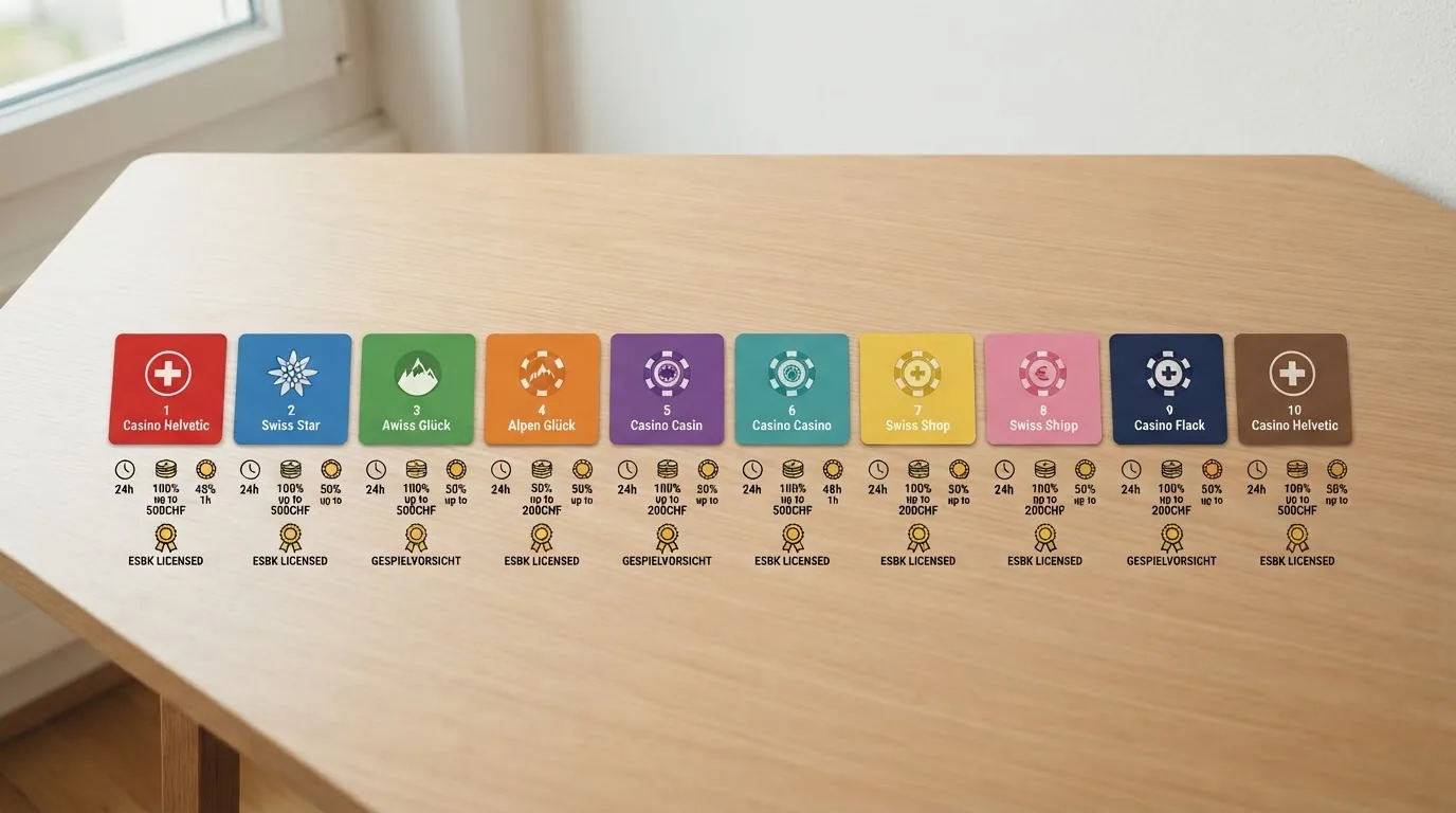Eine stilisierte Rangliste mit zehn Casino-Logos, sortiert von oben nach unten, daneben Symbole für Auszahlungsdauer, Bonus und Lizenz.