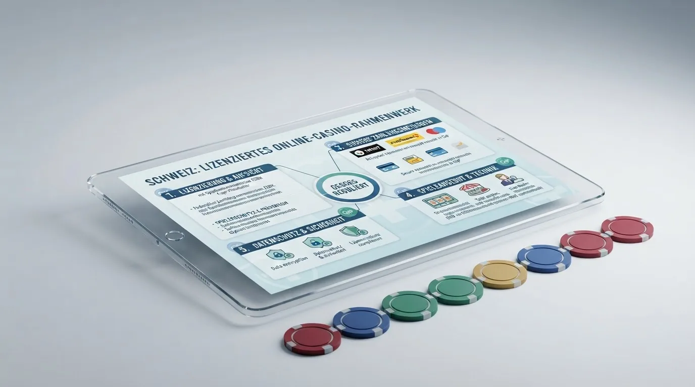 Zehn Casino-Logos in einer vergleichenden Tabellenansicht mit einem kleinen Schweizerkreuz als Lizenzsymbol