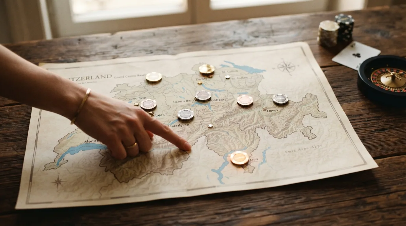 Eine Übersichtskarte der Schweiz mit zehn markierten Casino-Standorten (Baden, Luzern, Bern, Davos, Montreux, Mendrisio, Locarno) und ihren digitalen Marken-Logos