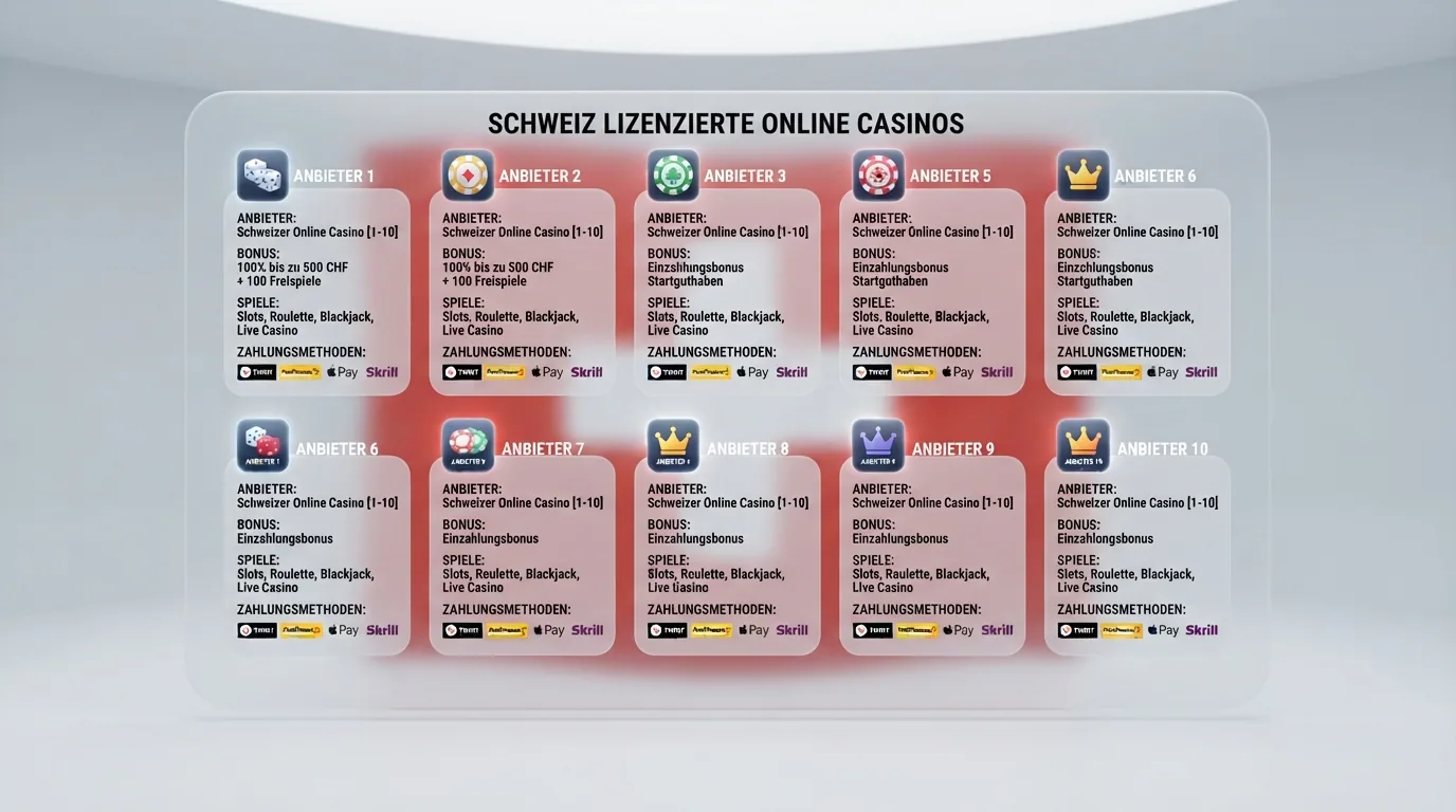 Tabellarische Übersicht der 10 lizenzierten Online-Casinos mit Schweizer Flagge und Google-Pay-Logo als Filter-Symbol