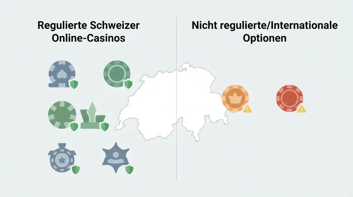 Zehn Casino-Logos in einem Raster angeordnet, je fünf auf einer Seite einer stilisierten Schweizer Grenzlinie, links mit einem kleinen ESBK-Schild markiert, rechts mit einem Warnsymbol
