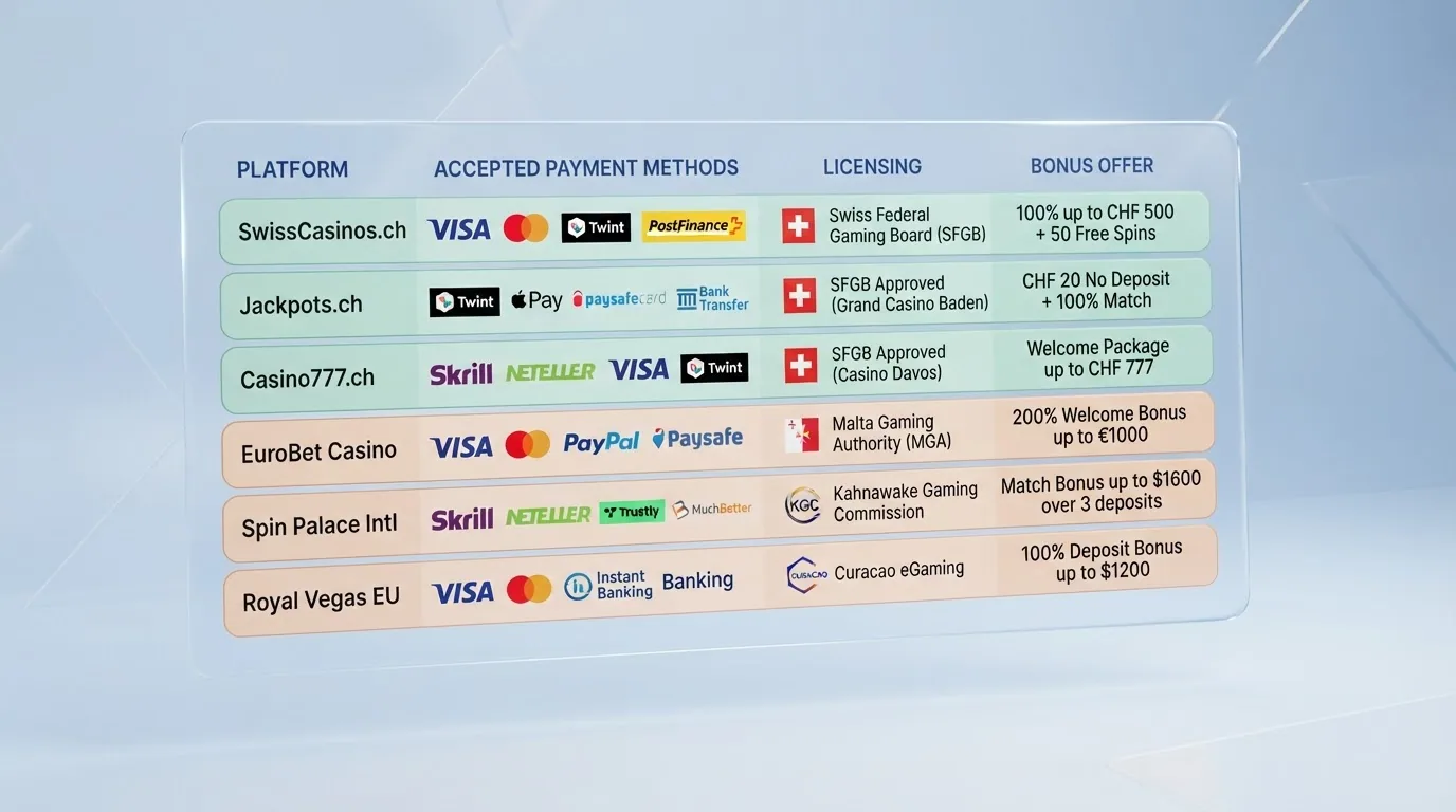 Übersichtstabelle mit Casino-Logos, Ecopayz-Akzeptanz-Status und farblich getrennter Offshore/lizenzierter Kennzeichnung