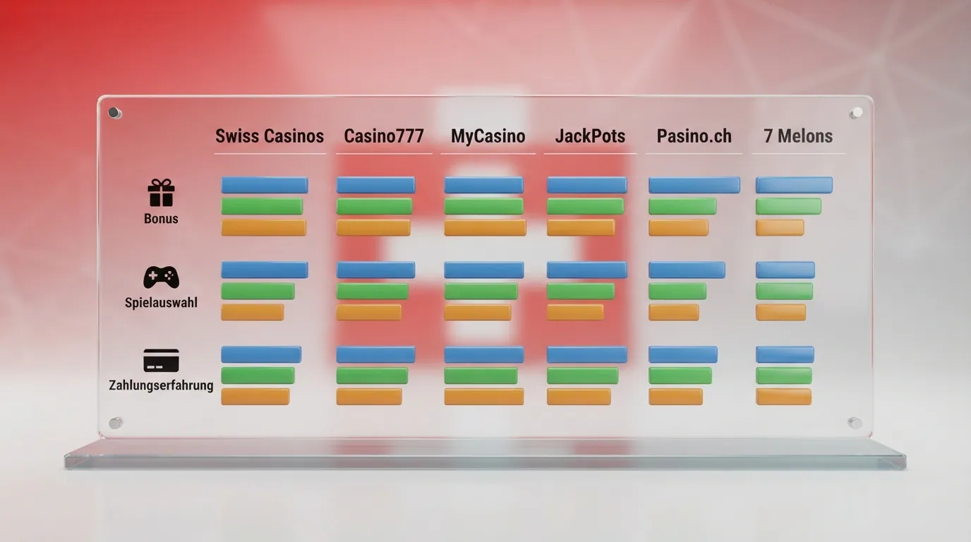 Übersichtliche grafische Tabelle mit Casino-Logos nebeneinander, darunter farblich kodierte Vergleichsbalken für Bonus, Spielauswahl und TWINT-Erfahrung