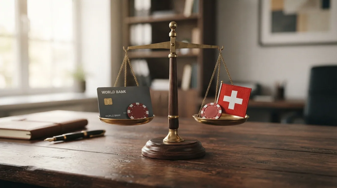 Waage mit zwei Schalen: links ecopayz-Offshore (Bonus, Bequemlichkeit), rechts lizenzierte Casinos (Sicherheit, Steuerfreiheit, Spielerschutz)