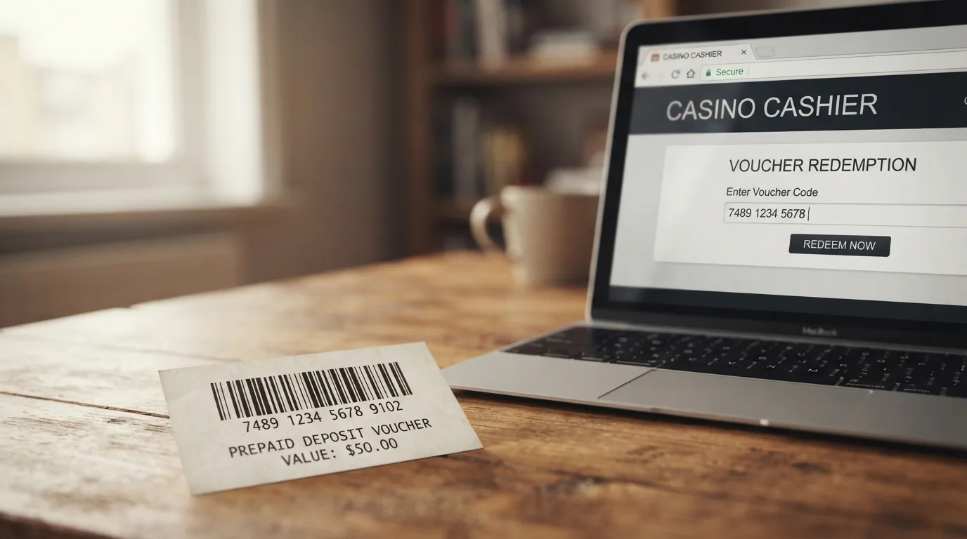 Eine Nahaufnahme: Ein gedruckter CashToCode-Barcode mit einem 10-Euro-Betrag, daneben ein geöffneter Casino-Kassenbereich auf einem Laptop