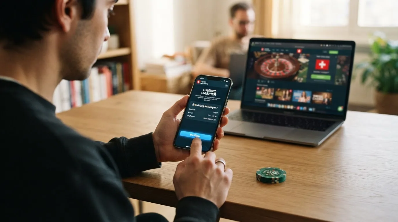 Screenshot-Abfolge eines Casino-Cashiers mit Auswahl von PostFinance, Bestätigungsdialog und Spielguthaben-Anzeige
