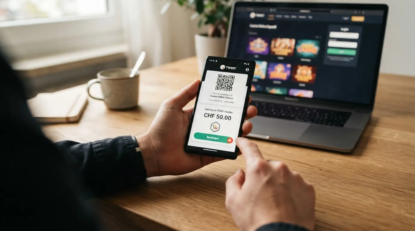 Smartphone mit geöffneter TWINT-App und Casino-Website im Hintergrund