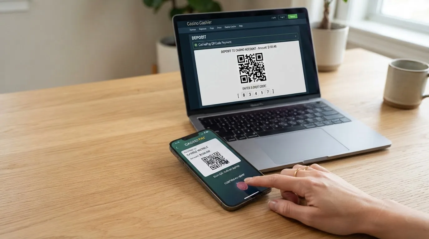 Nahaufnahme: Ein Smartphone scannt einen QR-Code auf einem Laptop-Bildschirm, auf dem eine Casino-Kasse mit TWINT-Auswahl und Betragsfeld zu sehen ist