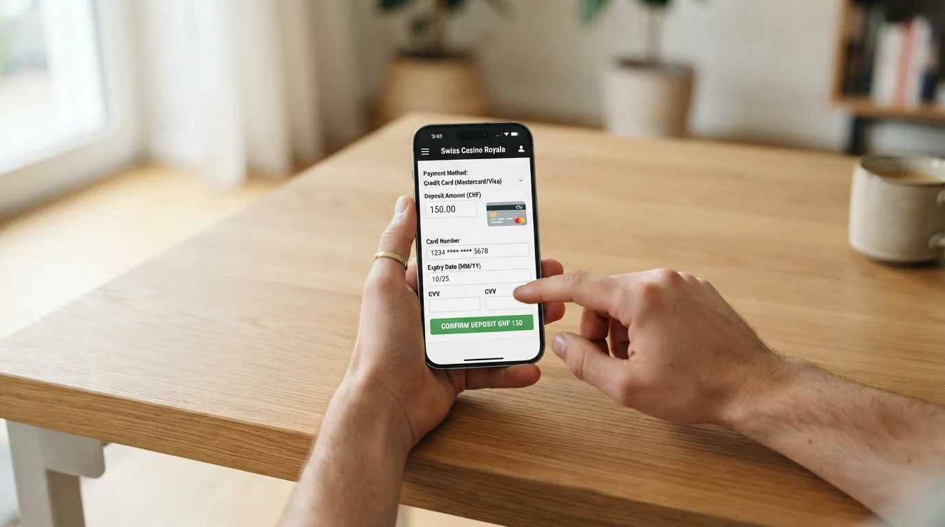 Eingabemaske für eine Kreditkarten-Einzahlung in einem Online-Casino mit CHF-Betrag und Visa-Logo