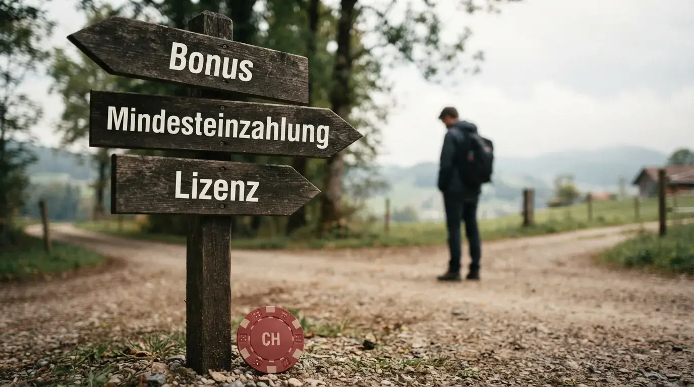 Wegweiser mit drei Richtungspfeilen: «Bonus», «Mindesteinzahlung», «Lizenz»