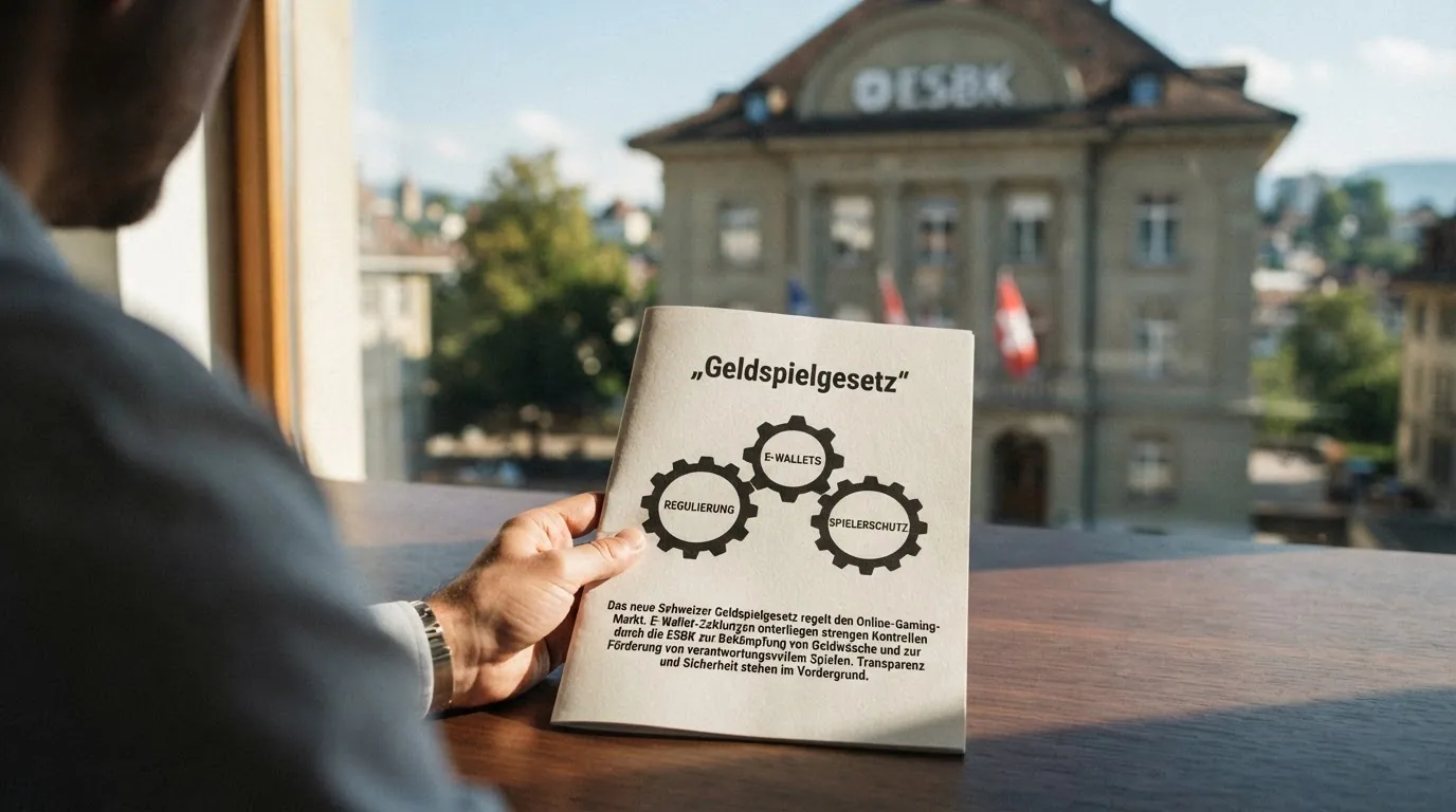 Das offizielle Gebäude der ESBK in Bern, daneben ein aufgeschlagenes BGS-Dokument mit markierten Paragrafen zu AML und Auszahlungsvorschriften