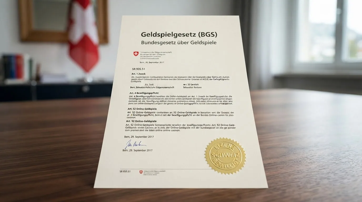 Amtliches Dokument mit dem Schriftzug Geldspielgesetz vor Schweizer Bundesverfassungs-Hintergrund