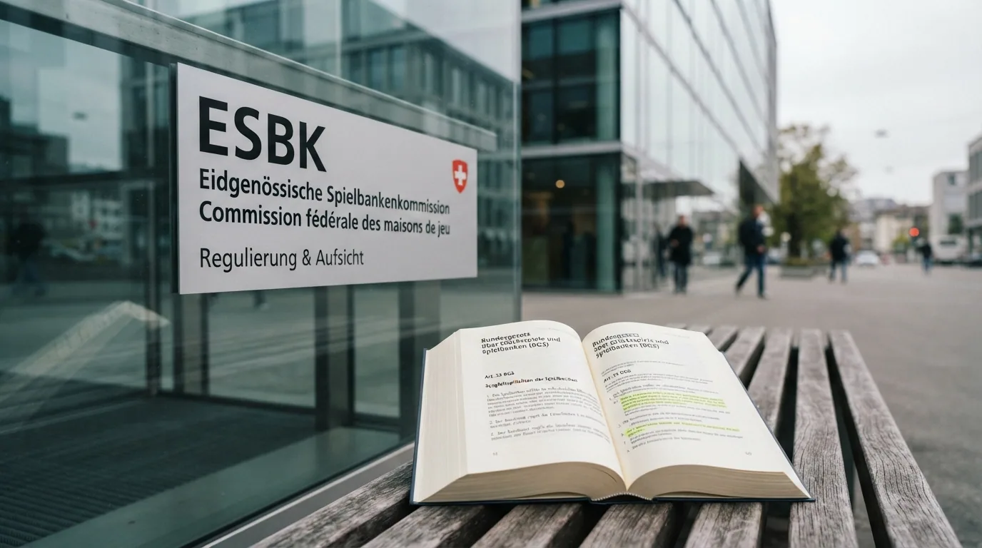 Ein amtlich wirkendes Schild mit der Aufschrift «ESBK» an einer modernen Glasfassade, im Vordergrund liegt ein aufgeschlagenes Gesetzbuch mit sichtbarem Artikel 52