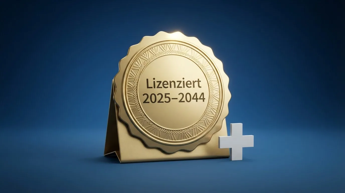 Darstellung des ESBK-Logos oder eines fiktiven Lizenzsiegels neben dem Text «Konzession 2025–2044» und dem Schweizer Kreuz