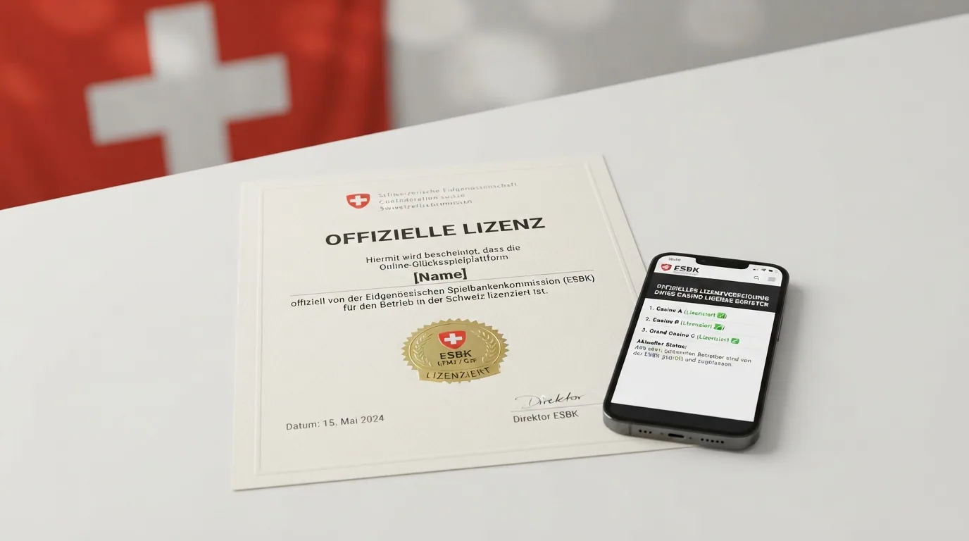 Offizielles ESBK-Dokument mit Siegel neben dem Schweizer Parlamentsgebäude in Bern