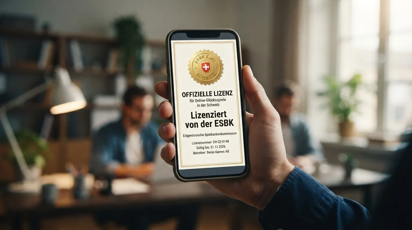 Ein offiziell wirkendes Dokument mit dem ESBK-Logo und dem Schriftzug «Konzession», daneben ein Smartphone mit einer Schloss-Grafik auf dem Display