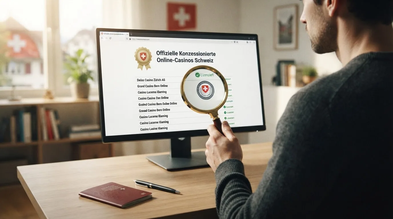 Offizielles ESBK-Logo neben einer Liste lizenzierter Online-Spielbanken auf einem Bildschirm