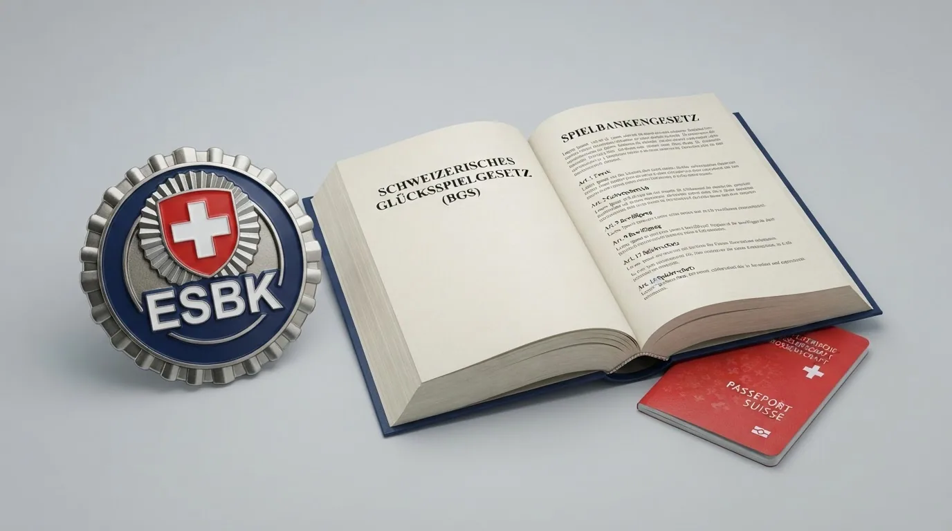 Das offizielle ESBK-Logo neben einem aufgeschlagenen Gesetzestext (BGS) und einem Schweizer Pass