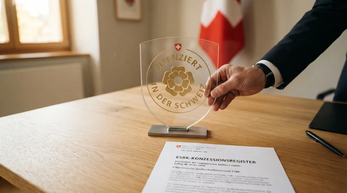 Offizielles Logo der Eidgenössischen Spielbankenkommission ESBK neben einer stilisierten DNS-Sperre-Darstellung