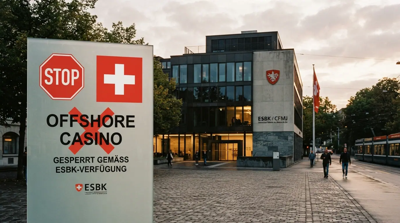 Das Gebäude der ESBK in der Schweiz mit eingeblendetem Sperrlisten-Symbol und einem durchgestrichenen Offshore-Casino-Logo