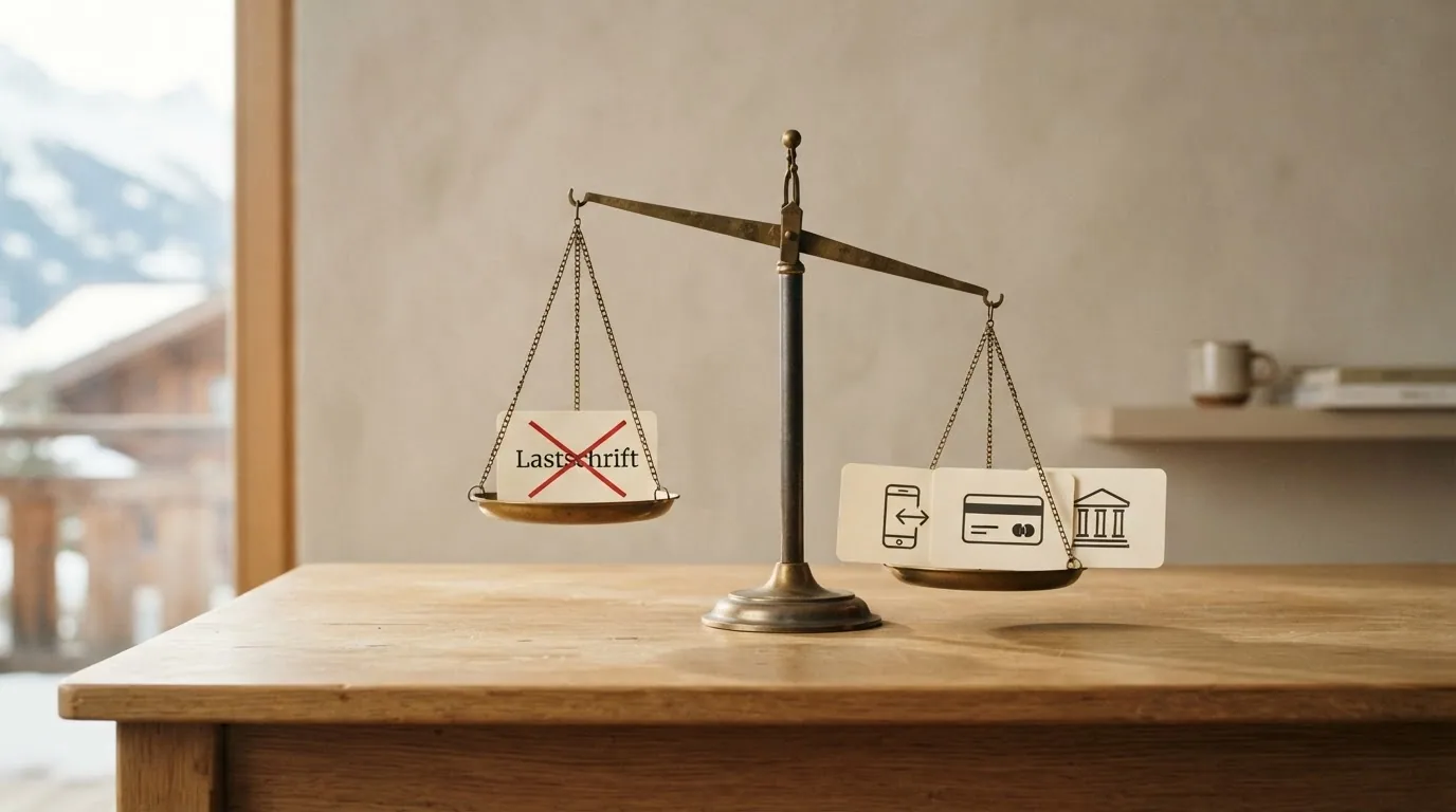 Eine Waage: linke Schale mit dem Wort «Lastschrift» (durchgestrichen), rechte Schale mit TWINT, Kreditkarte und PostFinance — die Waage schlägt nach rechts aus