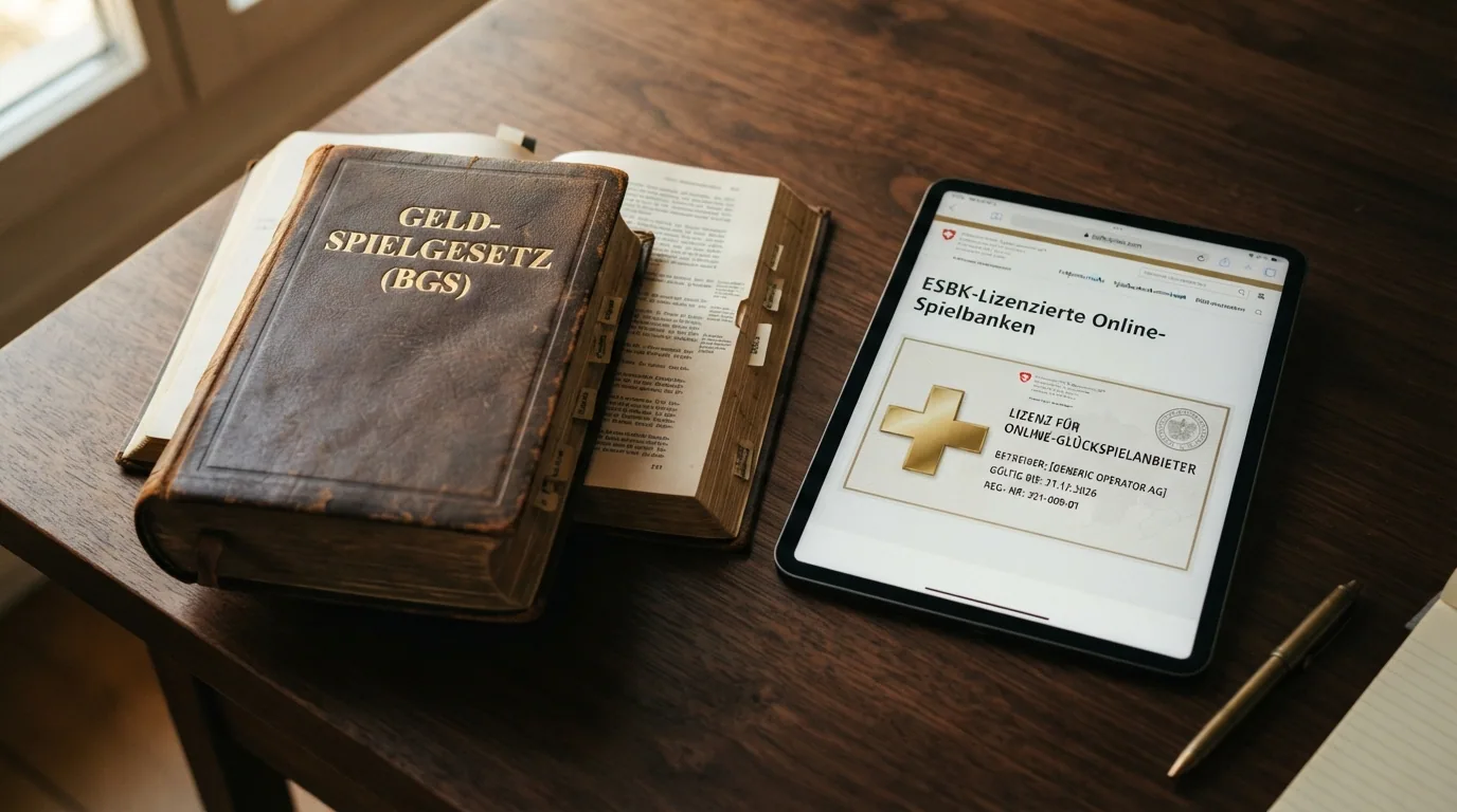 Ein aufgeschlagenes Gesetzbuch mit dem Titel «Geldspielgesetz (BGS)» neben einem Tablet, das die ESBK-Website zeigt